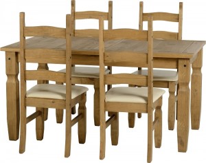 Corona 5 foot 4 Chair Dining Set in Distressed Waxed Pine and Cream Faux Leather