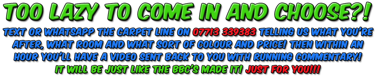 Too lazy to come in and choose?! Text the carpet line on 07713 339383 telling us what you're after, what room and what sort of colour and price! Then within an hour you'll have a video sent back to you with running commentary! It will be just like the BBC's made it! Just for you!!!