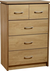 Charles 3+2 Drawer Chest in Oak Effect Veneer with Walnut Trim