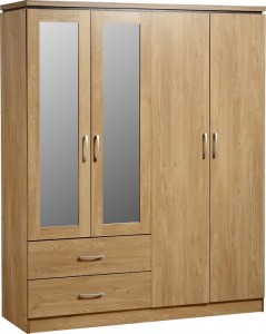 Charles 4 Door 2 Drawer Mirrored Wardrobe in Oak Effect Veneer with Walnut Trim