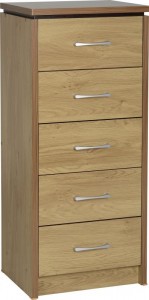 Charles 5 Drawer Narrow Chest in Oak Effect Veneer with Walnut Trim