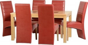 Wexford 59 inch Dining Set - G5 in Oak Veneer/Walnut Inlay/Rustic Red Faux Leather